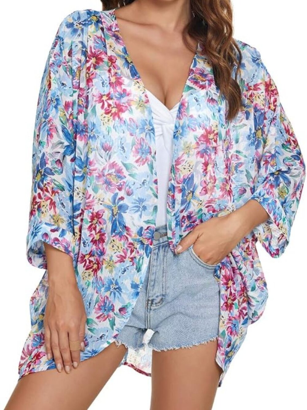 Women's Floral Print Sheer Chiffon 3/4 Cuffed Bat Sleeve Kimono Size XXL NEW
